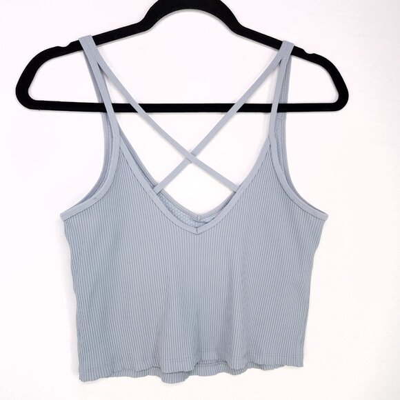 Vuori Ribbed Crop Tank Top Size Medium Gray Stretch Strappy Back Built In Bra - Picture 2 of 11